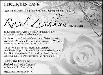 Traueranzeige von Rosemarie Zischkau von Südthüringer Presse