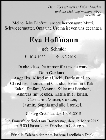 Traueranzeige von Eva Hoffmann von Neue Presse Coburg