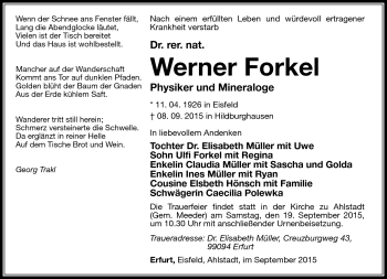 Traueranzeige von Werner Forkel von Südthüringer Presse