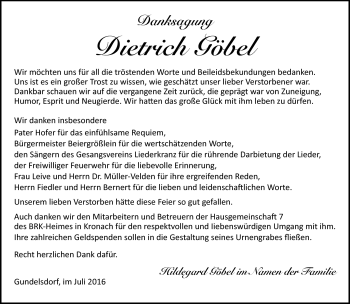 Traueranzeige von Dietrich Göbel von Neue Presse Coburg
