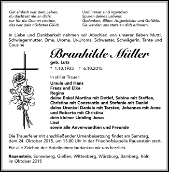 Traueranzeige von Brunhilde Müller von Südthüringer Presse