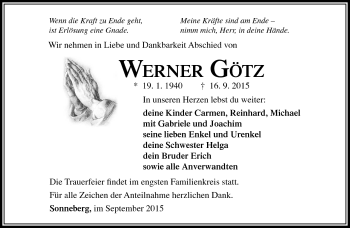 Traueranzeige von Werner Götz von Südthüringer Presse