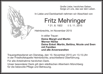 Traueranzeige von Fritz Mehringer von Frankenpost