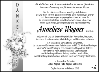 Traueranzeige von Anneliese Wagner von Südthüringer Presse