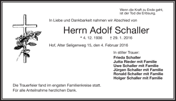 Traueranzeige von Adolf Schaller von Frankenpost