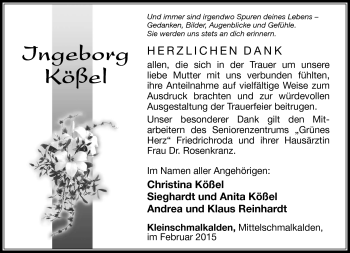 Traueranzeige von Ingeborg Kößel von Südthüringer Presse