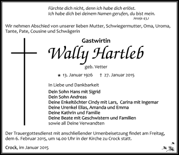 Traueranzeige von Wally Hartleb von Südthüringer Presse