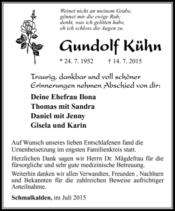 Traueranzeige von Gundolf Kühn von Südthüringer Presse