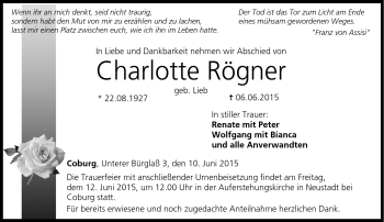 Traueranzeige von Charlotte Rögner von Neue Presse Coburg