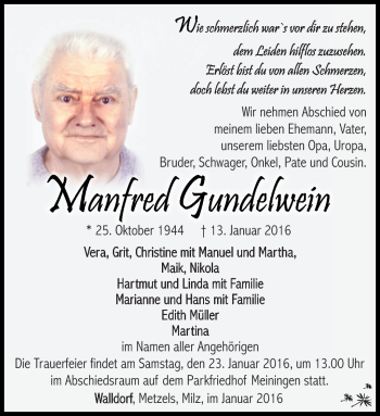 Traueranzeige von Manfred Gundelwein von Südthüringer Presse