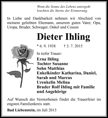 Traueranzeige von Dieter Ihling von Südthüringer Presse
