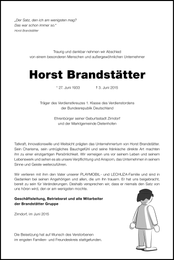 Traueranzeige von Horst Brandstätter von Frankenpost
