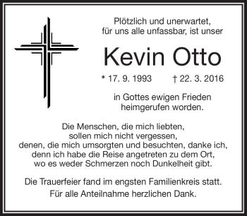 Traueranzeige von Kevin Otto von Frankenpost