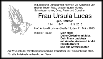 Traueranzeige von Ursula Lucas von Frankenpost