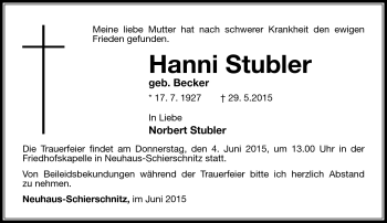 Traueranzeige von Hanni Stubler von Südthüringer Presse