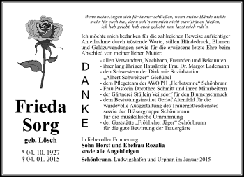 Traueranzeige von Frieda Sorg von Südthüringer Presse