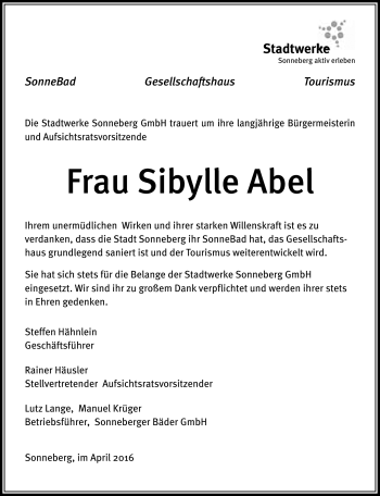 Traueranzeige von Sibylle Abel von Südthüringer Presse