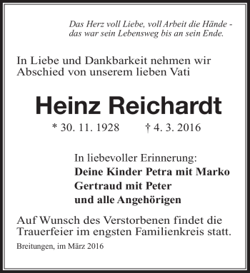 Traueranzeige von Heinz Reichardt von Südthüringer Presse