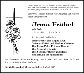 Traueranzeige von Irma Fräbel von Südthüringer Presse