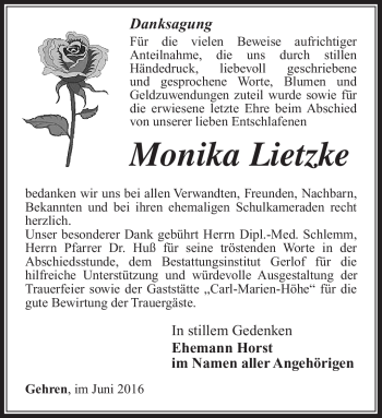 Traueranzeige von Monika Lietzke von Südthüringer Presse