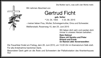 Traueranzeige von Gertrud Ficht von Frankenpost