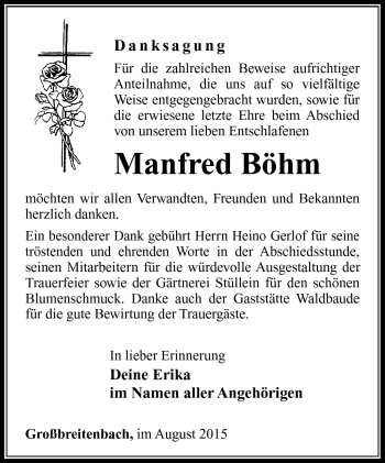 Traueranzeige von Manfred Böhm von Südthüringer Presse