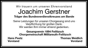 Traueranzeige von Joachim Gerstner von Frankenpost