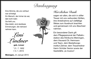 Traueranzeige von Leni Lindner von Südthüringer Presse
