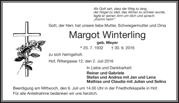 Traueranzeige von Margot Winterling von Frankenpost