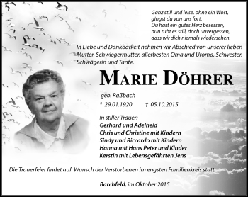 Traueranzeige von Marie Döhrer von Südthüringer Presse