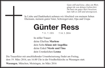 Traueranzeige von Günther Ress von Südthüringer Presse
