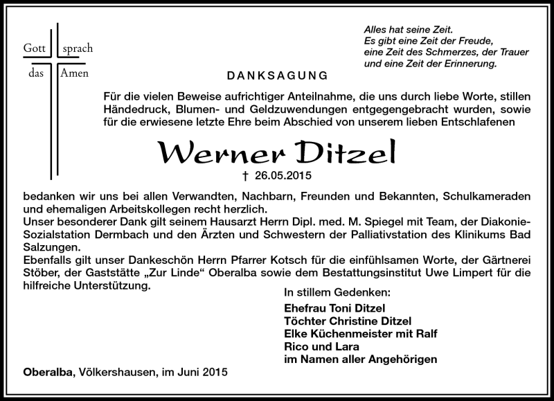  Traueranzeige für Werner Ditzel vom 13.06.2015 aus Südthüringer Presse