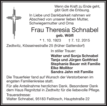 Traueranzeige von Theresia Schnabel von Frankenpost