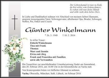 Traueranzeige von Günter Winkelmann von Südthüringer Presse