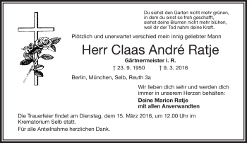 Traueranzeige von Claas André Ratje von Frankenpost