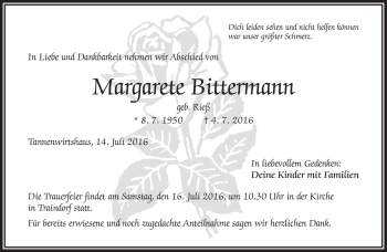 Traueranzeige von Margarete Bittermann von Frankenpost