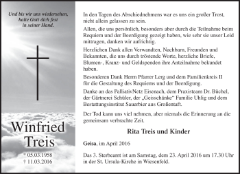 Traueranzeige von Winfried Treis von Südthüringer Presse