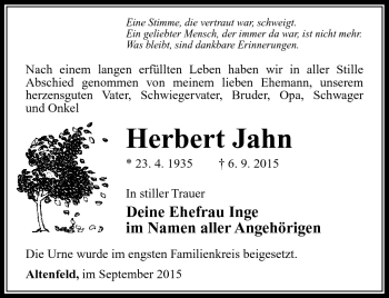 Traueranzeige von Herbert Jahn von Südthüringer Presse