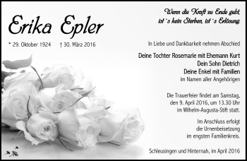Traueranzeige von Erika Epler von Südthüringer Presse