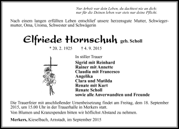 Traueranzeige von Elfriede Hornschuh von Südthüringer Presse