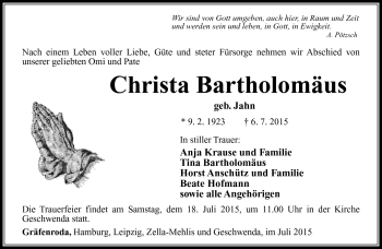 Traueranzeige von Christa Bartholomäus von Südthüringer Presse