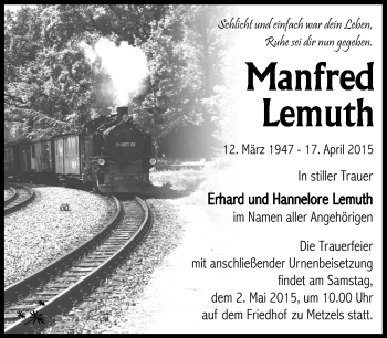 Traueranzeige von Manfred Lemuth von Südthüringer Presse