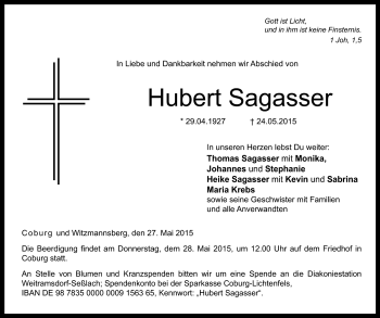 Traueranzeige von Hubert Sagasser von Neue Presse Coburg