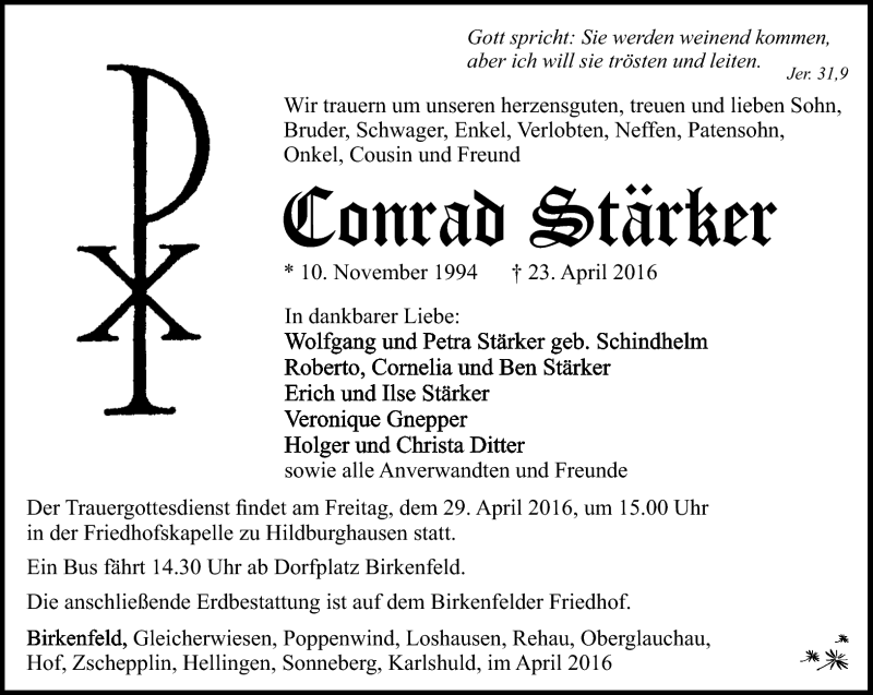  Traueranzeige für Conrad Stärker vom 28.04.2016 aus Südthüringer Presse