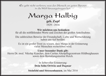 Traueranzeige von Halbig Marga von Südthüringer Presse