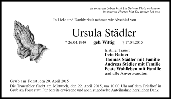 Traueranzeige von Ursula Städler von Neue Presse Coburg