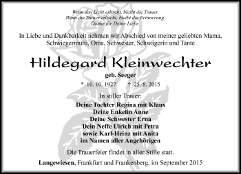 Traueranzeige von Hildegard Kleinwächter von Südthüringer Presse