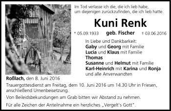 Traueranzeige von Kuni Renk von Neue Presse Coburg