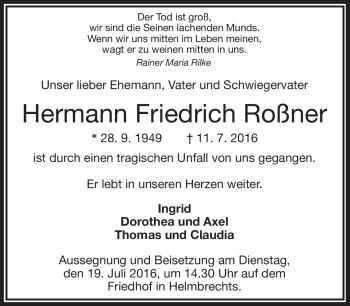 Traueranzeige von Hermann Friedrich Roßner von Frankenpost