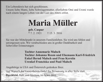 Traueranzeige von Maria Müller von Südthüringer Presse